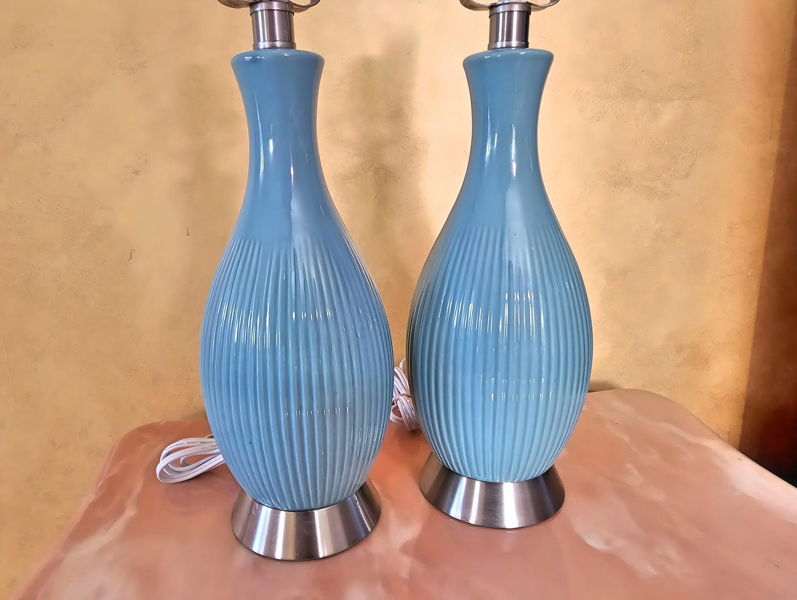 21st Century Modern Turquoise Aqua Blue Ceramic Vase Lamps on Silver Base, a Pair - 7