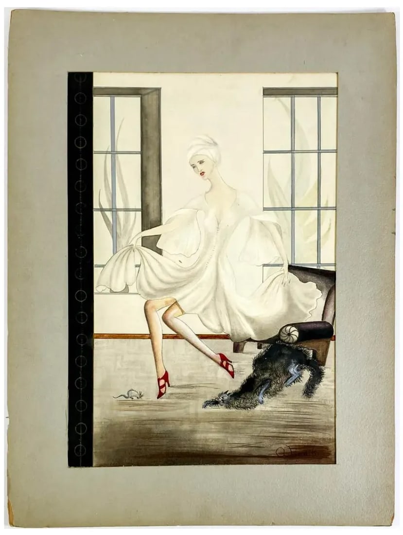 1930s Socialite Cat and Mouse Painting by Hodikin - 3