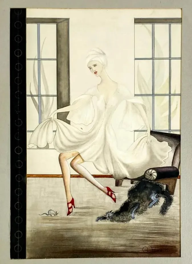 1930s Socialite Cat and Mouse Painting by Hodikin - 4