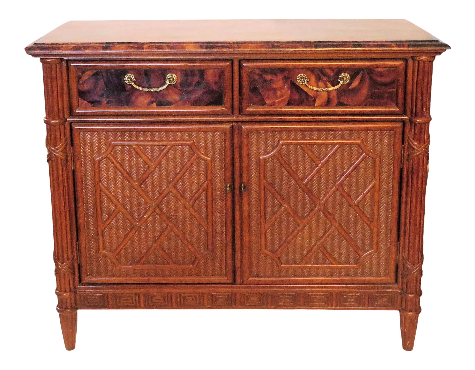 1970s Bamboo Rattan Faux Tortoiseshell Louis XVI Style Bar: Custom-made 1970s Louis XVI style bar with rattan and bamboo accents. The top of the bar and the drawers have a faux tortoiseshell custom-painted finish like no other piece I've ever seen. The taperin