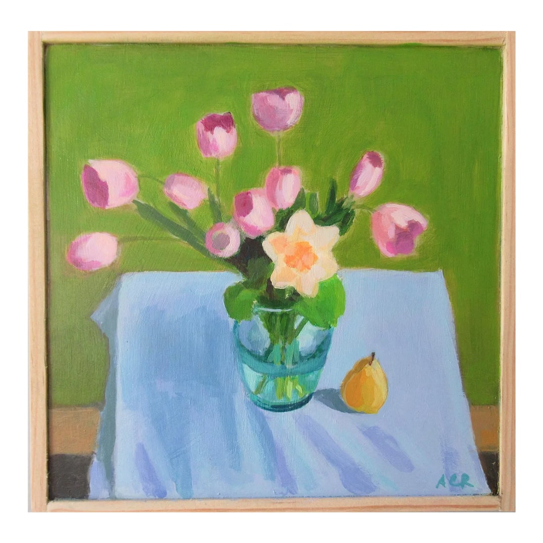 Tulips, Daffodil and a Pear by Anne Carrozza Remick: Soft pink tulips, a single daffodil and a yellow pear. This painting is 6 x 6 inches, acrylic on primed wood panel, signed, framed with wood lattice, wired and ready to hang up as soon as you open the