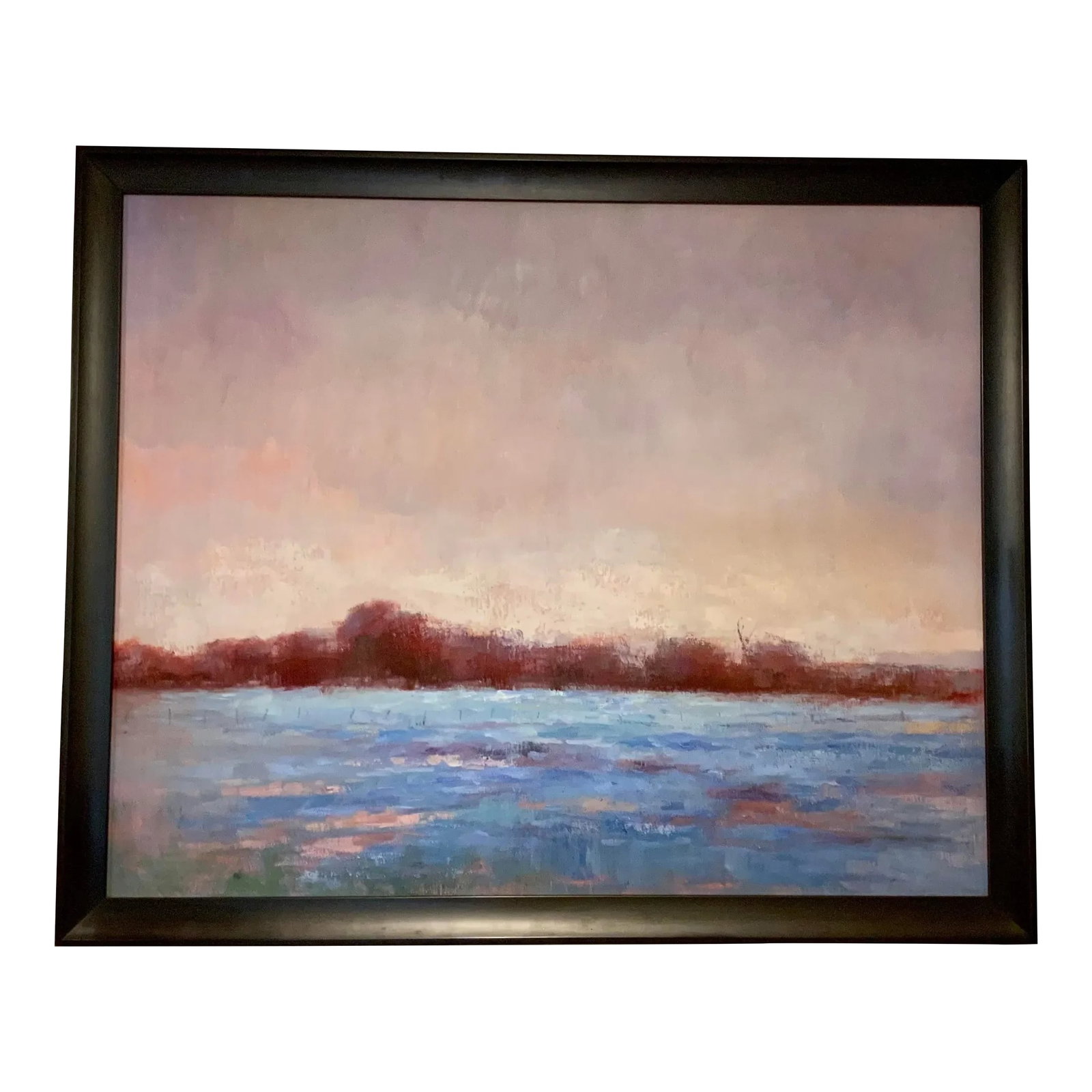 Abstract Modern Landscape Painting: Timeless Abstract Modern Landscape Painting, custom dark brown wood frame, circa 2010's Condition: Imperfections: Some Imperfections Condition Notes: Great condition Origin: United States Materials