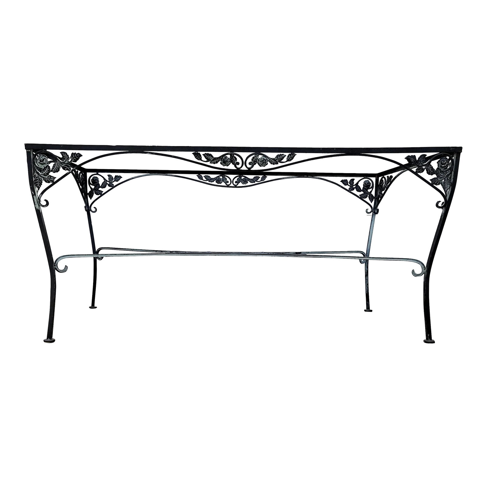 Vintage Russell Woodard Chantilly Rose Style Pattern Cast Iron Dining Table: This is in excellent shape and maintains original paint beautifully with the black contrasting with the light green. Truthfully, it will look incredible in ANY color. This piece has no visible signatu