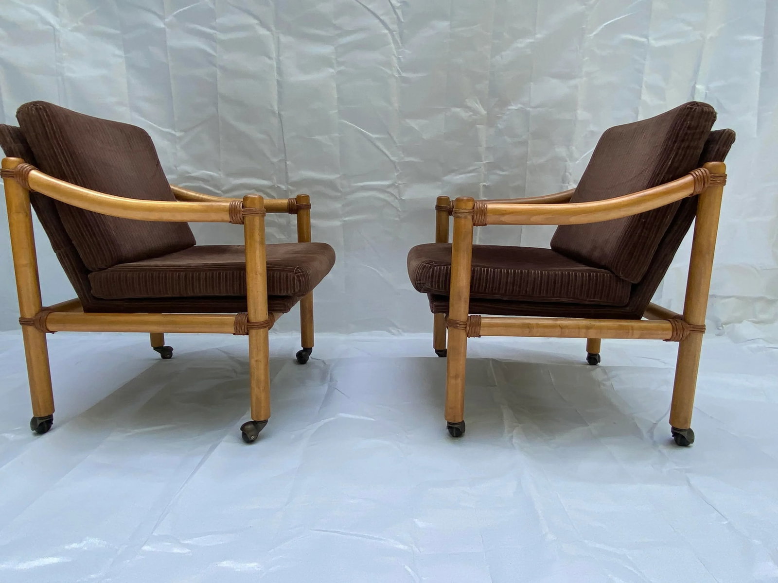 1970s Lane Venture Rattan & Velour Party Chairs - a Pair - 2