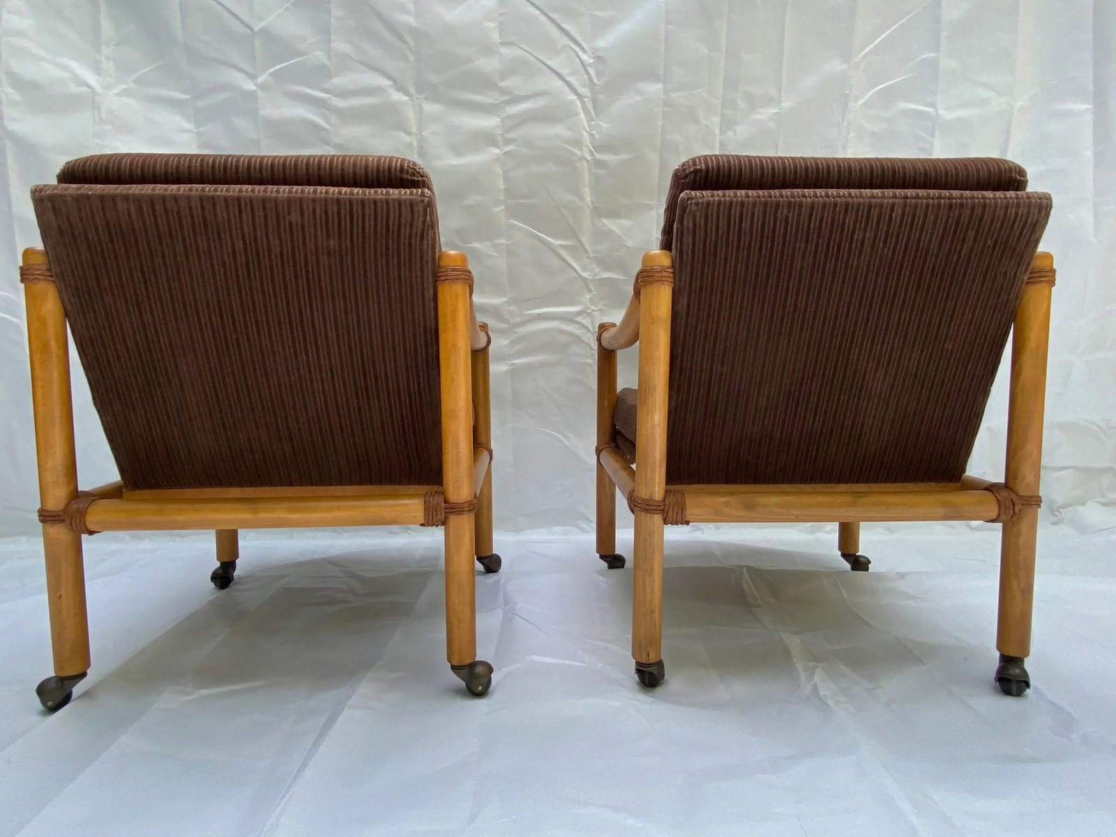 1970s Lane Venture Rattan & Velour Party Chairs - a Pair - 3