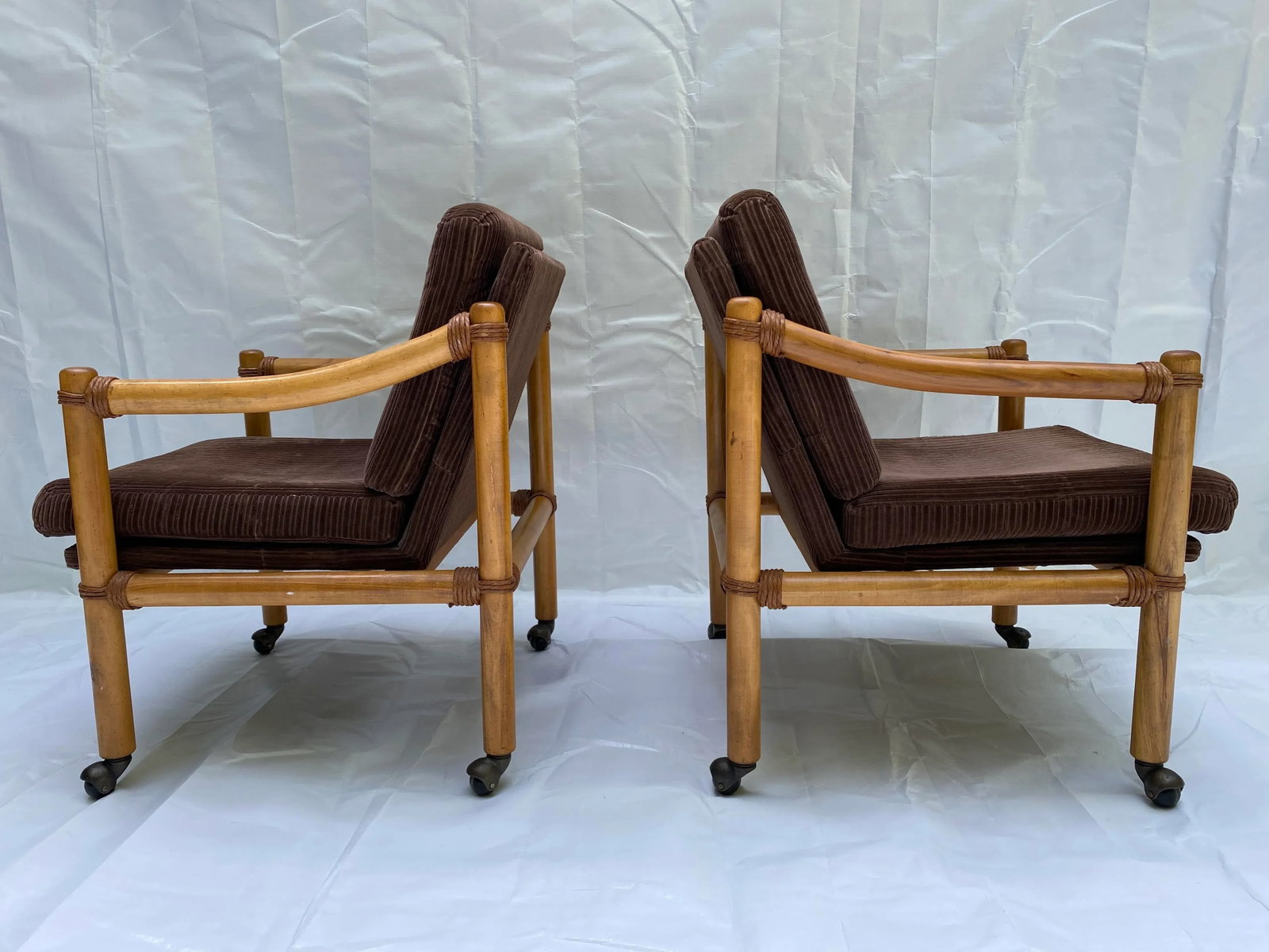 1970s Lane Venture Rattan & Velour Party Chairs - a Pair - 4