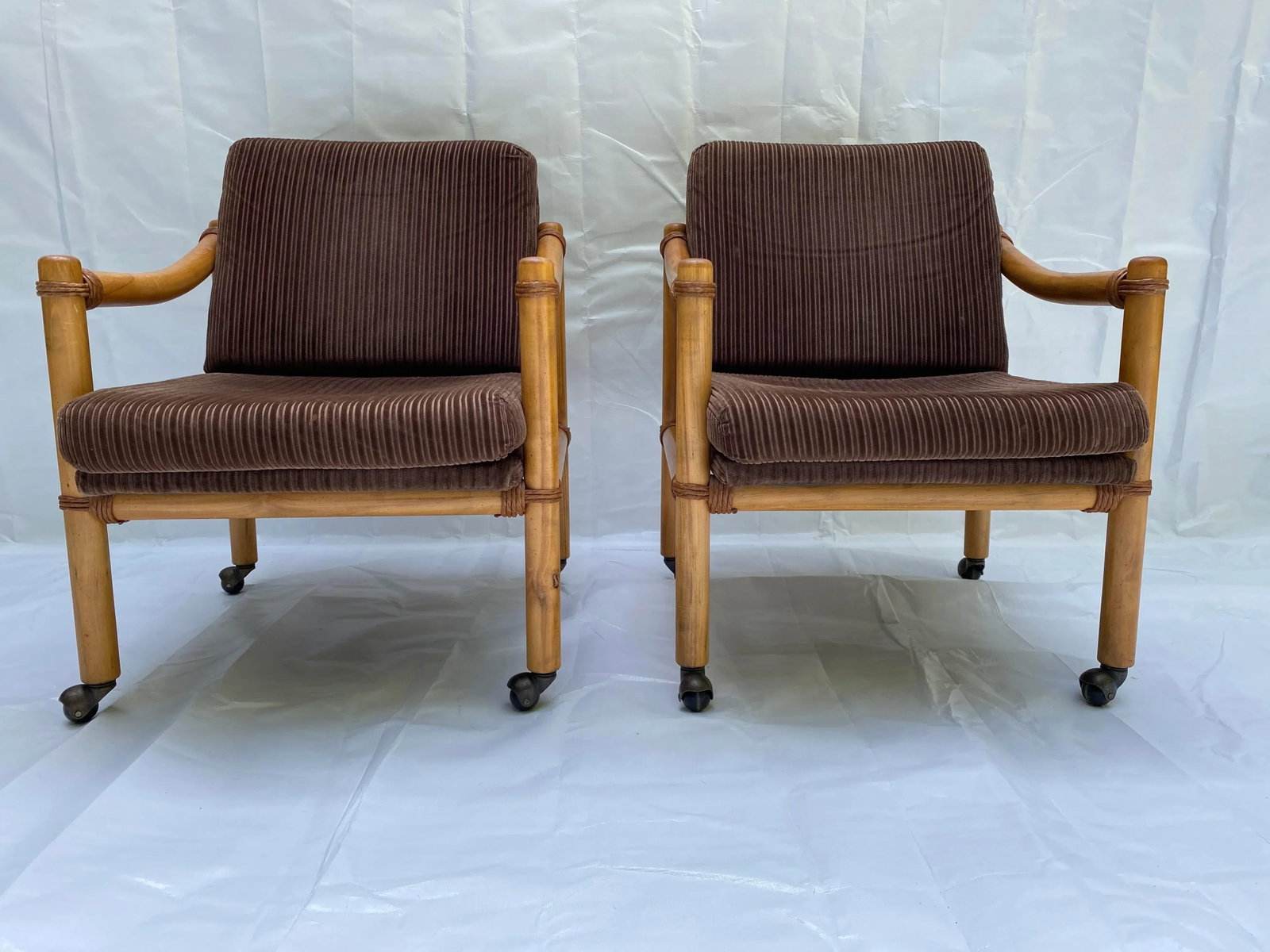 1970s Lane Venture Rattan & Velour Party Chairs - a Pair - 5