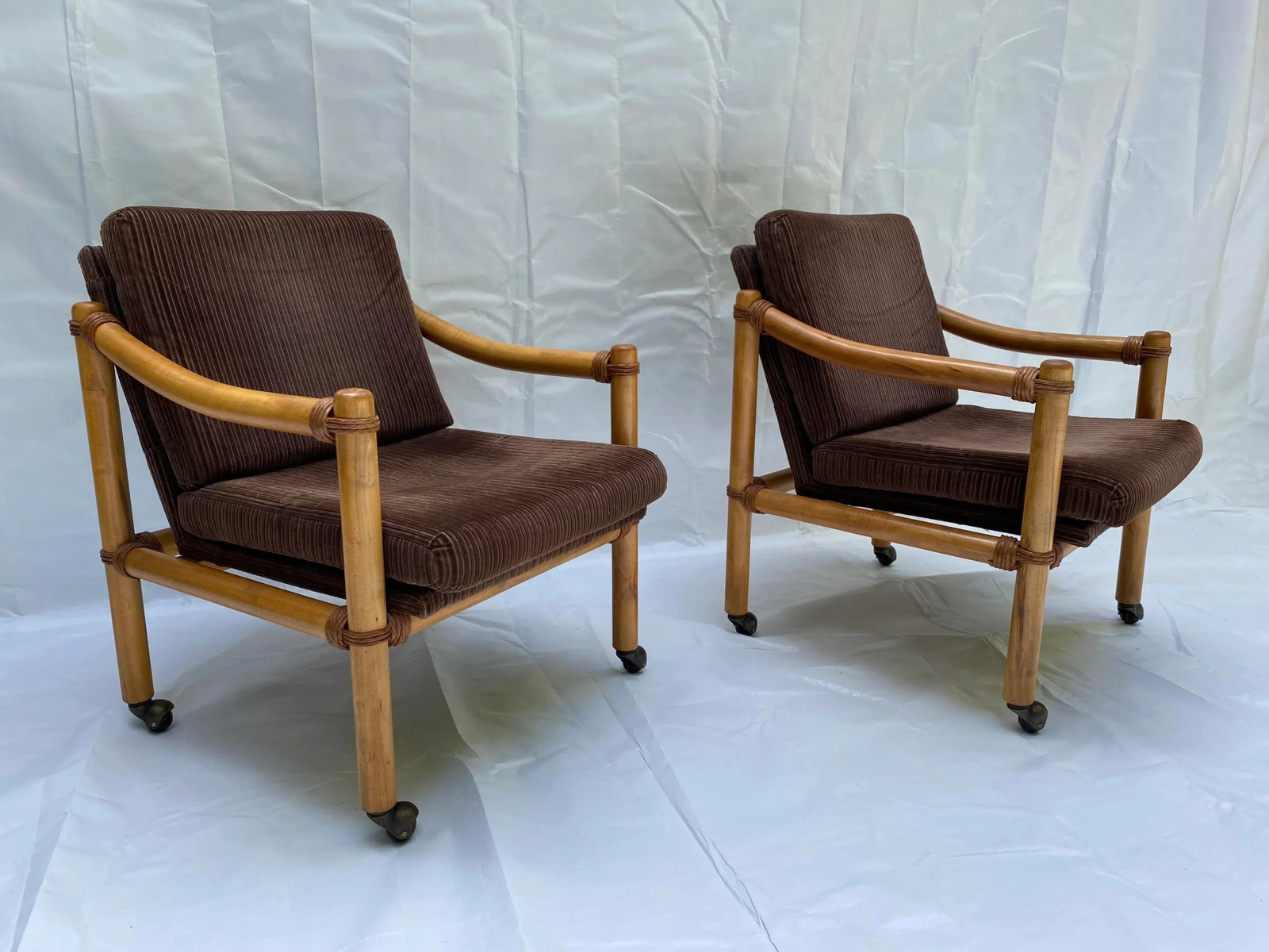 1970s Lane Venture Rattan & Velour Party Chairs - a Pair - 8