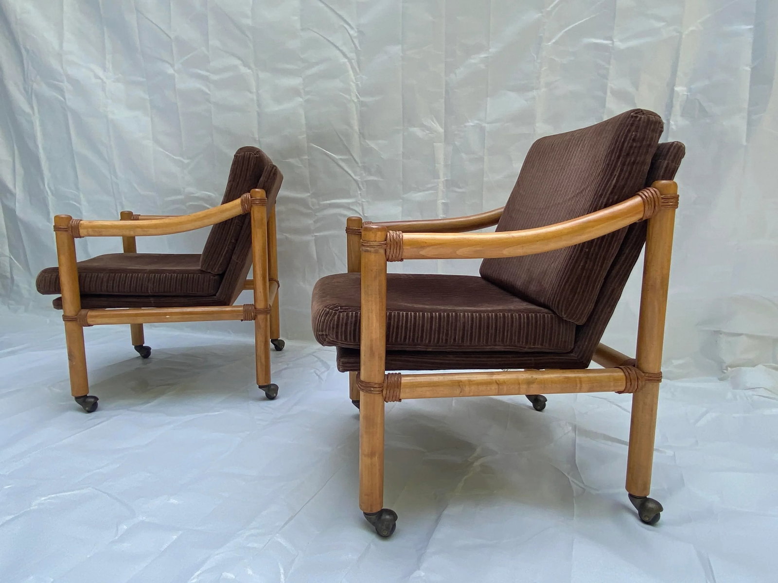 1970s Lane Venture Rattan & Velour Party Chairs - a Pair - 9