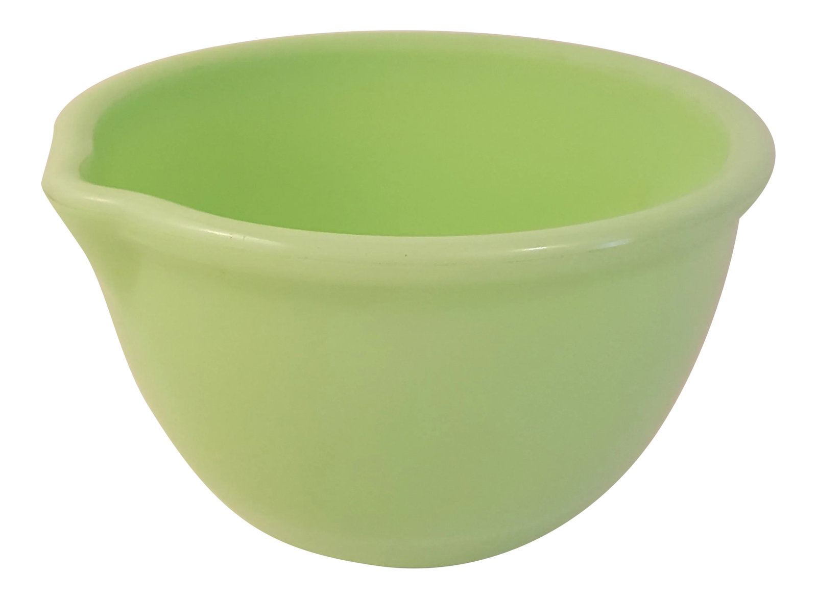1940s McKee Glass Jadeite Kitchenware Mixing Bowl With Spout: Pattern: Kitchenware Color: Jadeite Manufacturer: McKee Date Produced: 1940s Shape: Mixing Bowl With Pouring Spout Condition: Alterations: Original Condition Unaltered Imperfections: Some