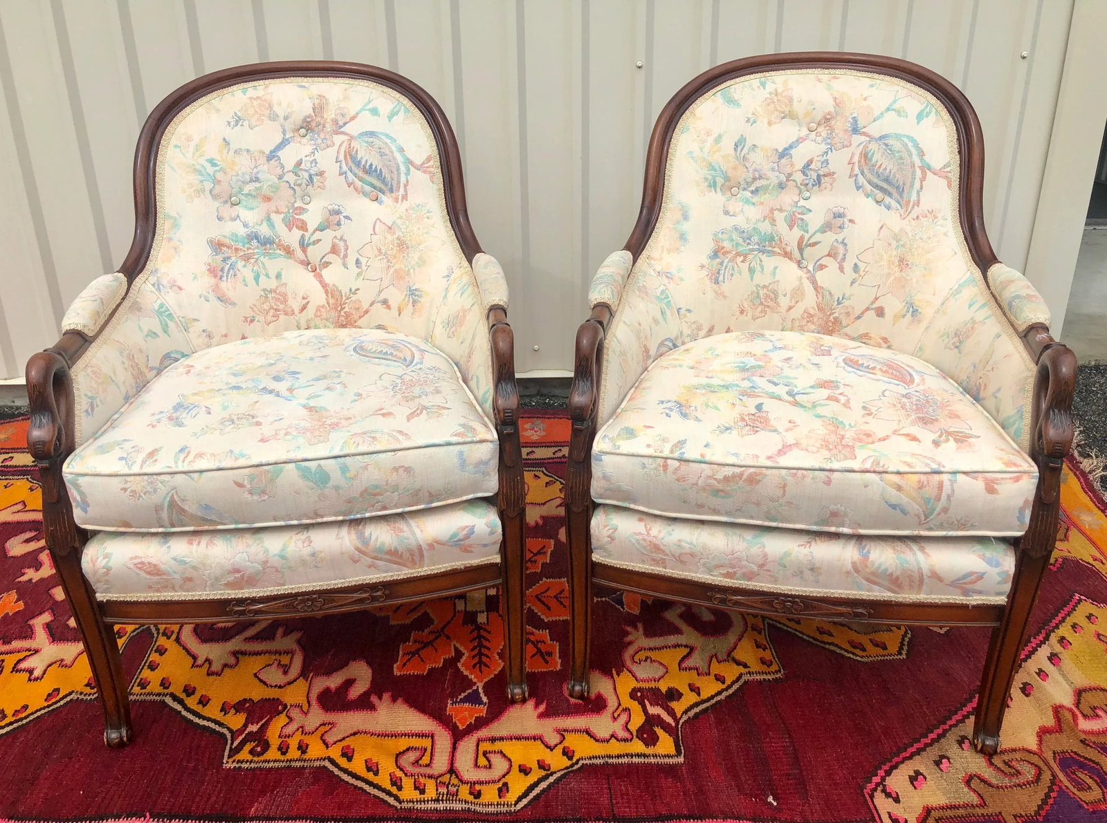 Swan Neck Carved and Floral Upholstered Bergere Chairs - 2