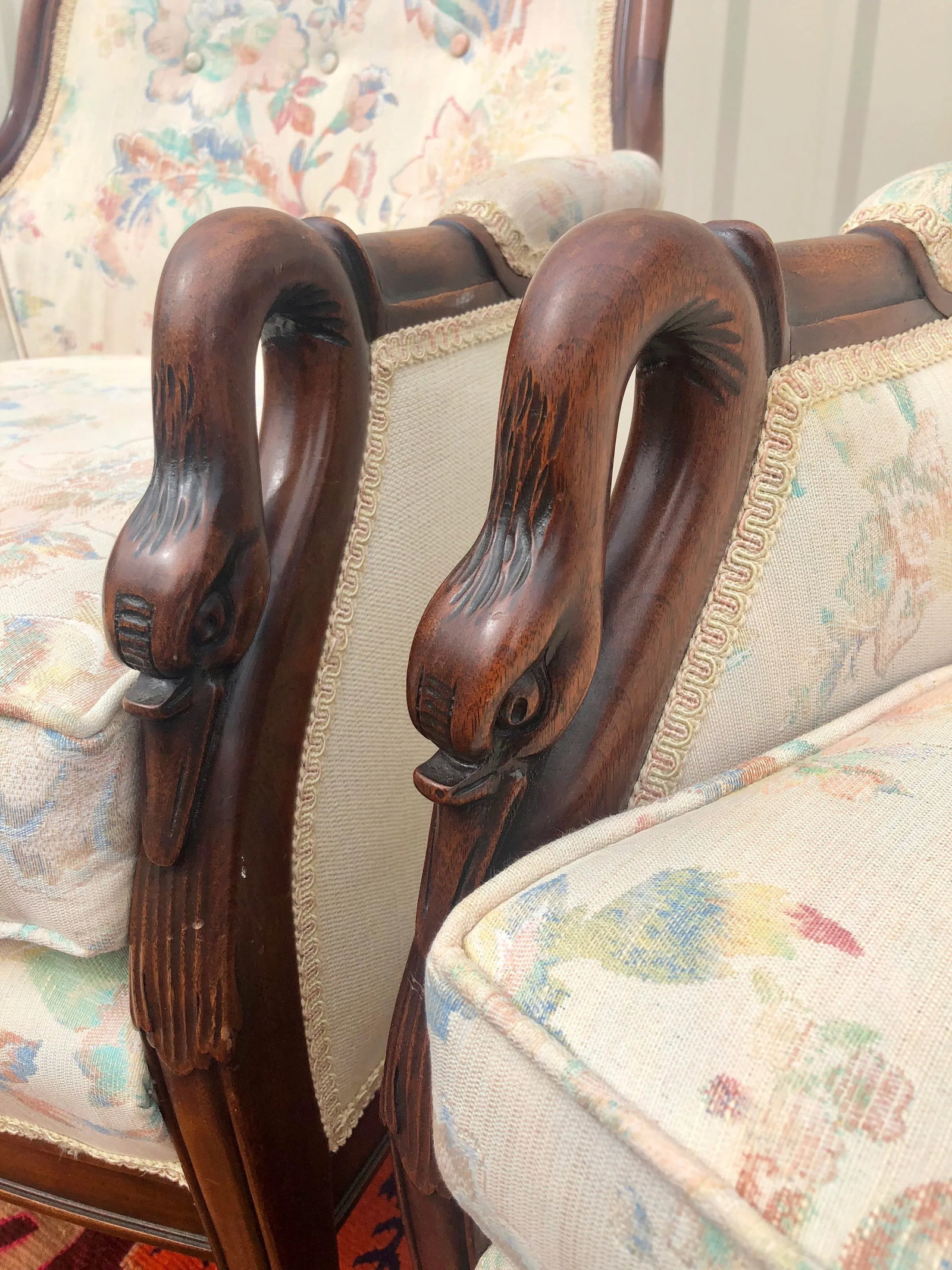 Swan Neck Carved and Floral Upholstered Bergere Chairs - 3