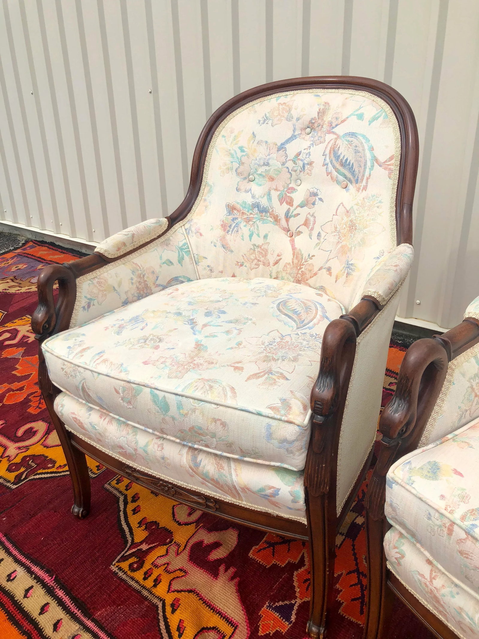 Swan Neck Carved and Floral Upholstered Bergere Chairs - 4