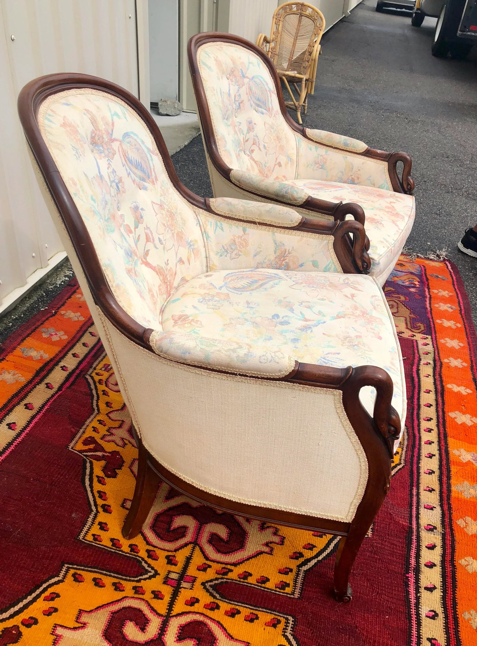 Swan Neck Carved and Floral Upholstered Bergere Chairs - 5