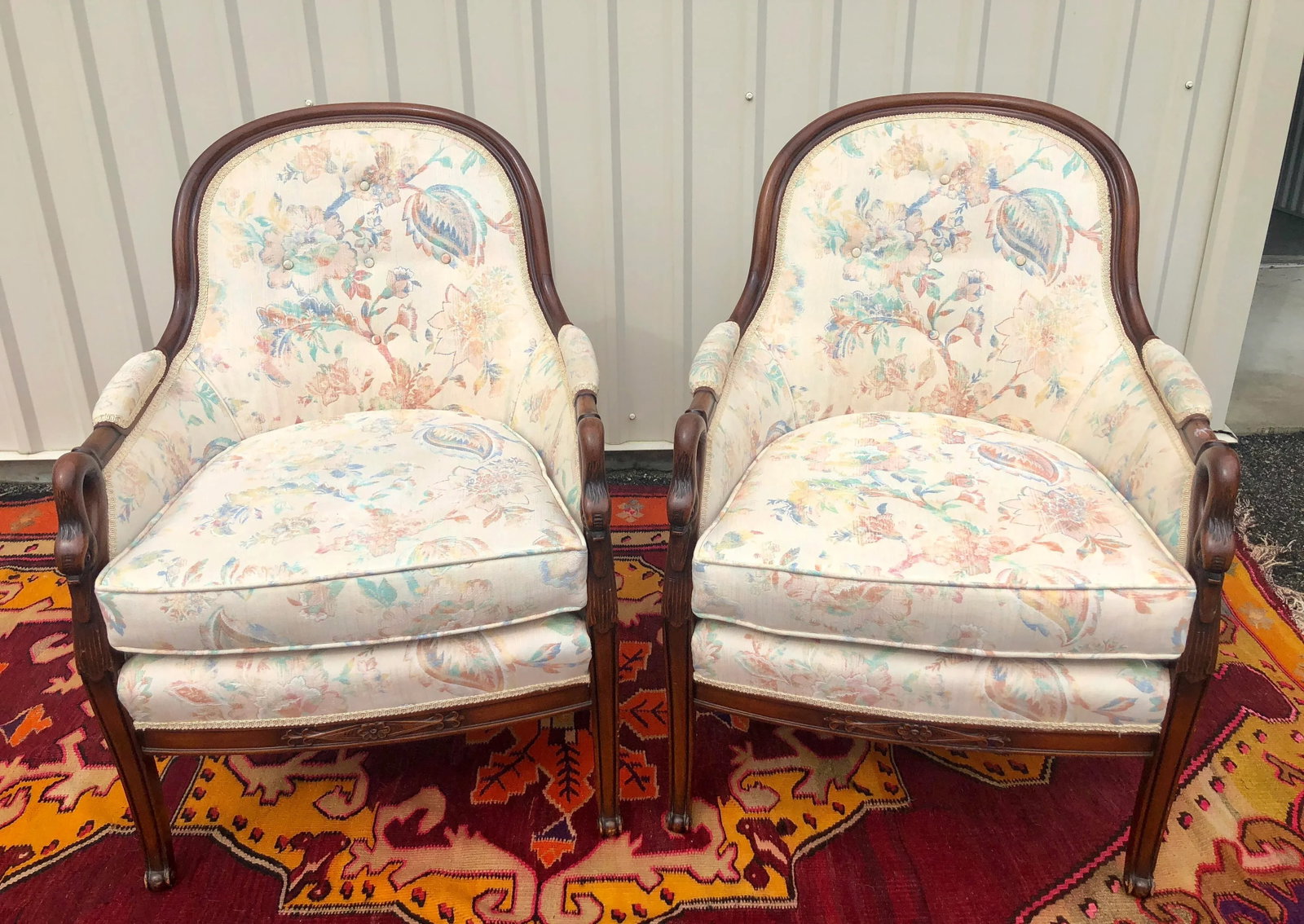 Swan Neck Carved and Floral Upholstered Bergere Chairs - 8