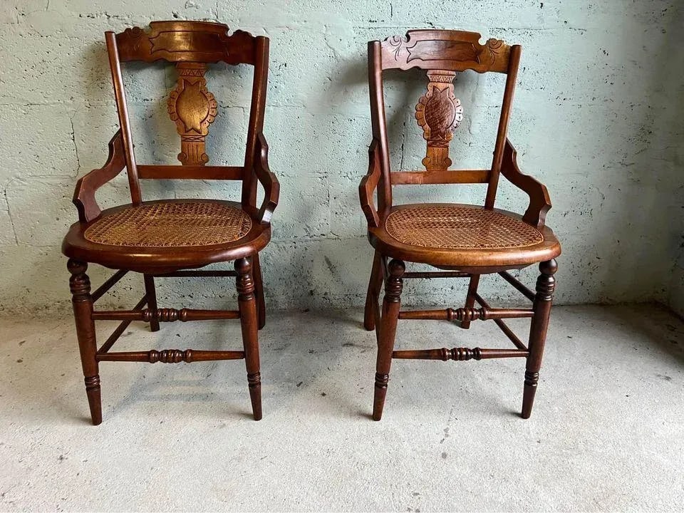 Early 20th Century Pair of Antique Eastlake Walnut Cane Seat Armchairs - 4