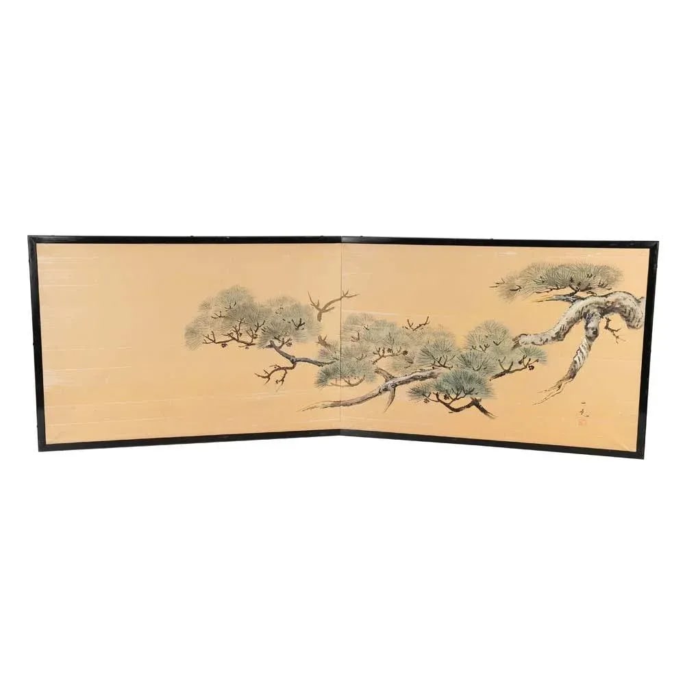 Japanese Chinese Two 2 Panel Gold Screen Byobu Foldable Black Lacquer Green Pine Tree Cloud - 13