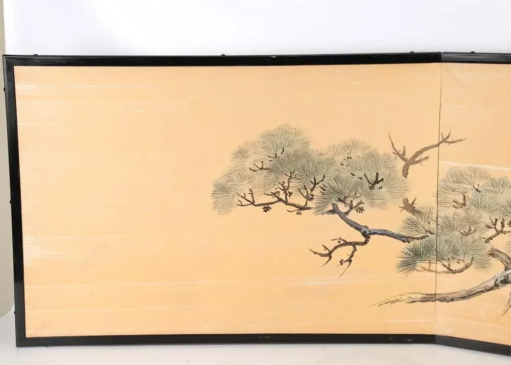 Japanese Chinese Two 2 Panel Gold Screen Byobu Foldable Black Lacquer Green Pine Tree Cloud - 3