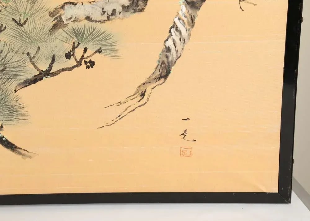 Japanese Chinese Two 2 Panel Gold Screen Byobu Foldable Black Lacquer Green Pine Tree Cloud - 4