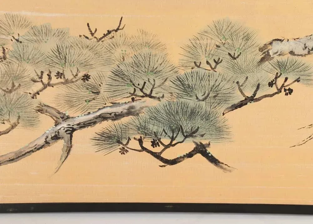 Japanese Chinese Two 2 Panel Gold Screen Byobu Foldable Black Lacquer Green Pine Tree Cloud - 5