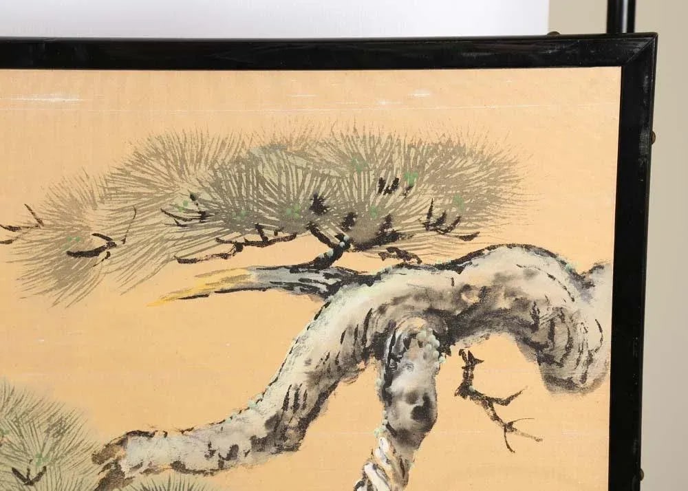 Japanese Chinese Two 2 Panel Gold Screen Byobu Foldable Black Lacquer Green Pine Tree Cloud - 6