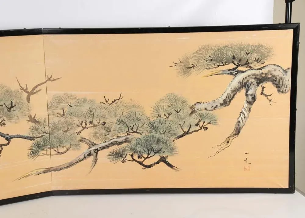 Japanese Chinese Two 2 Panel Gold Screen Byobu Foldable Black Lacquer Green Pine Tree Cloud - 7