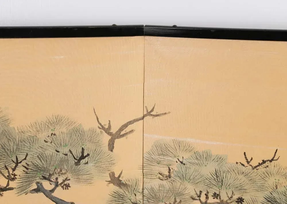 Japanese Chinese Two 2 Panel Gold Screen Byobu Foldable Black Lacquer Green Pine Tree Cloud - 9