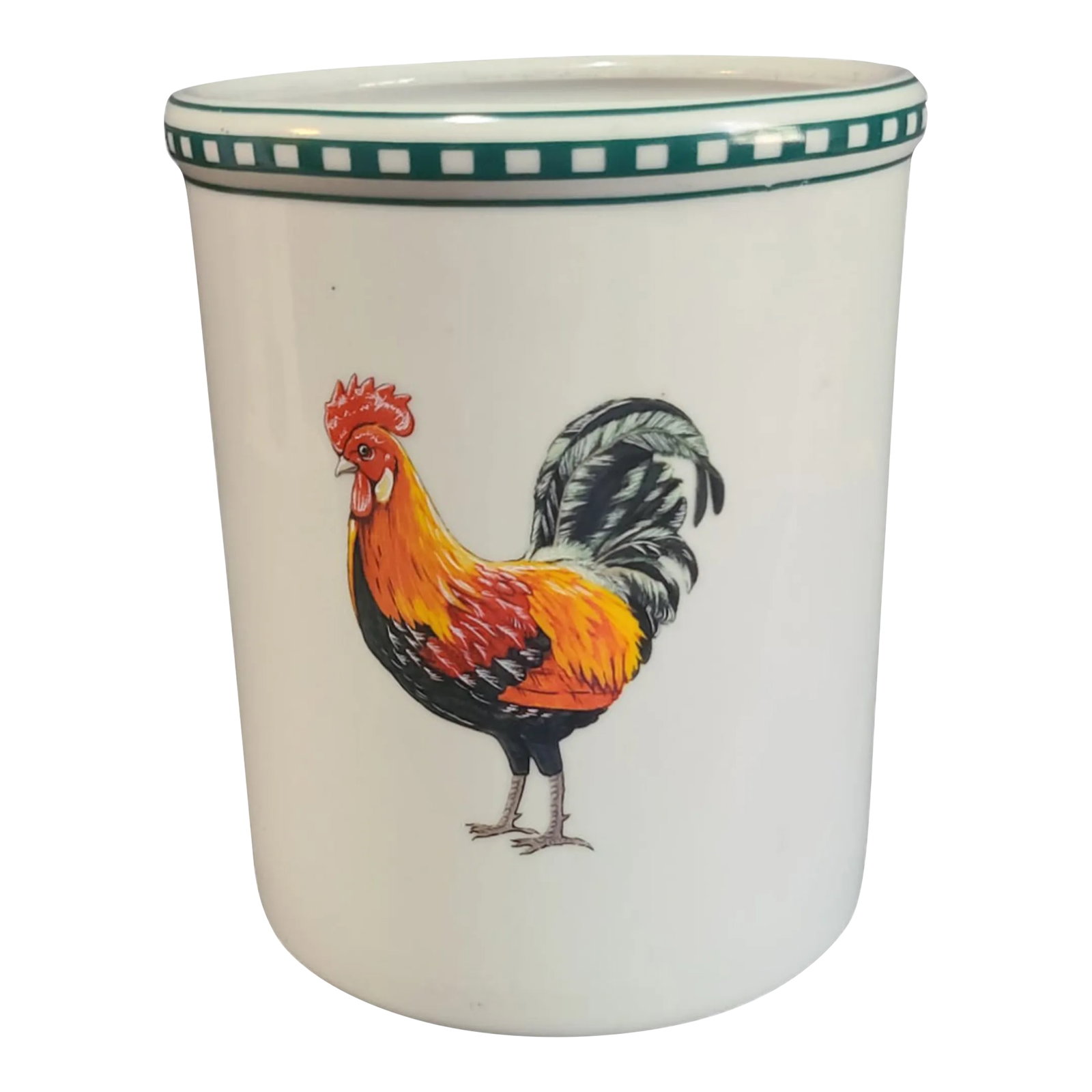 Late 20th Century Rooster White Stoneware Utensil Holder Crock by Bia Cordon Bleu: This Rooster Utensil Holder Crock by BIA Cordon Bleu is the perfect addition to any kitchen. Made of durable white stoneware, it can hold all of your cooking utensils with ease. The charming rooster d