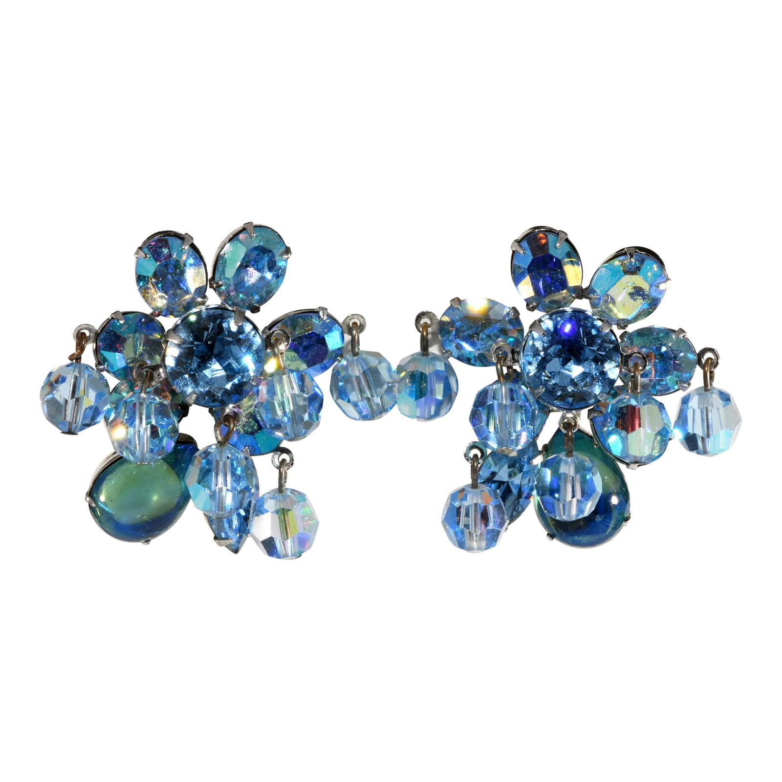 Vintage Vendome Blue Rhinestones Cabochons & Beads Earrings - 2 Pieces: This is part of Chairish's Costume Jewelry assortment. Earrings made with beautiful blue rhinestones, cabochons, and dangling crystal beads.. Metal is silver in color; looks to be rhodium plating. We 