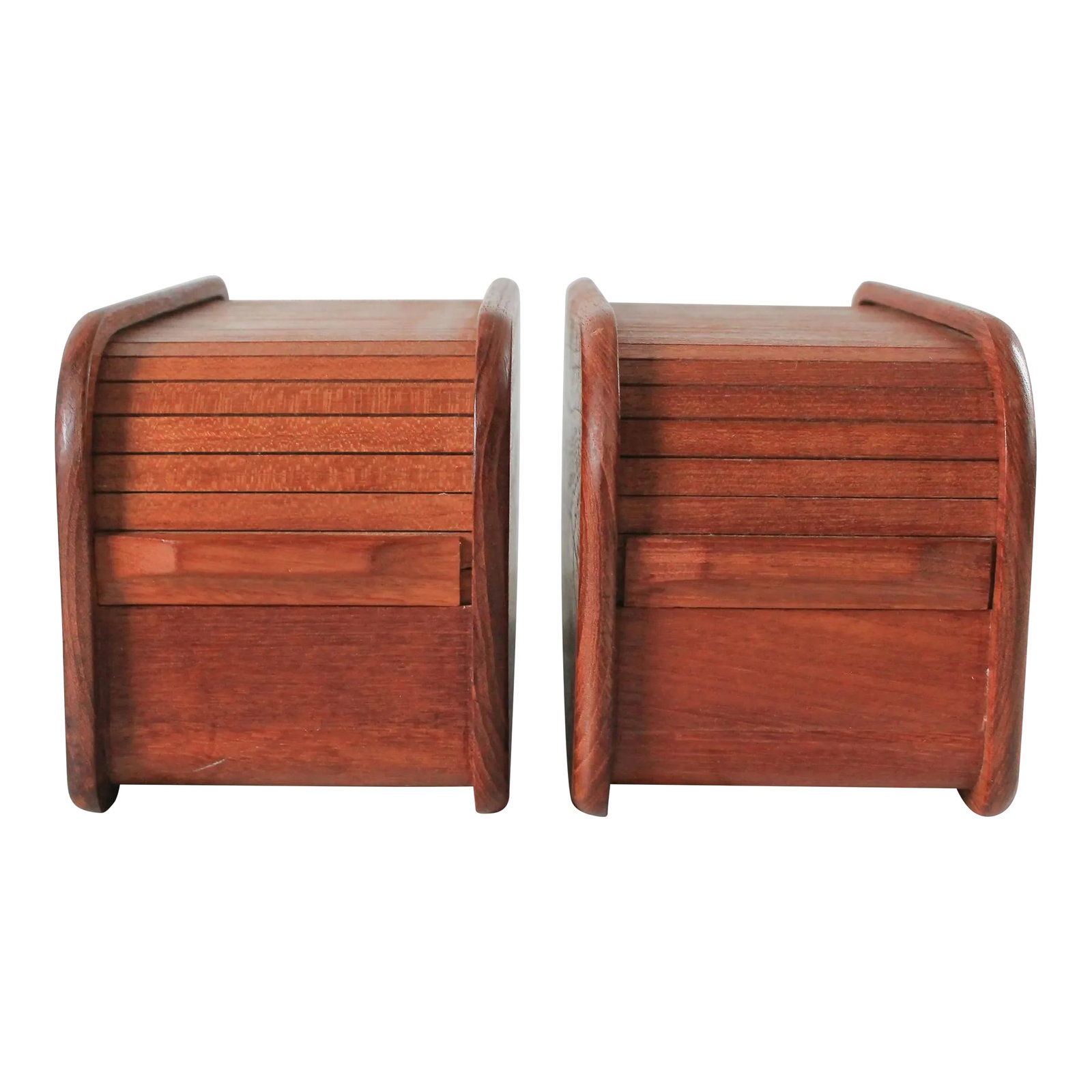 Mid-Century Modern Teak Storage Boxs by Kalmar Designs: Pair of mid-century modern teak storage boxes with tambour sliding doors by Kalmar Designs. Made in Thailand. Some minor age wear. Pictured. Condition: Alterations: Original Condition Unaltered Imperf