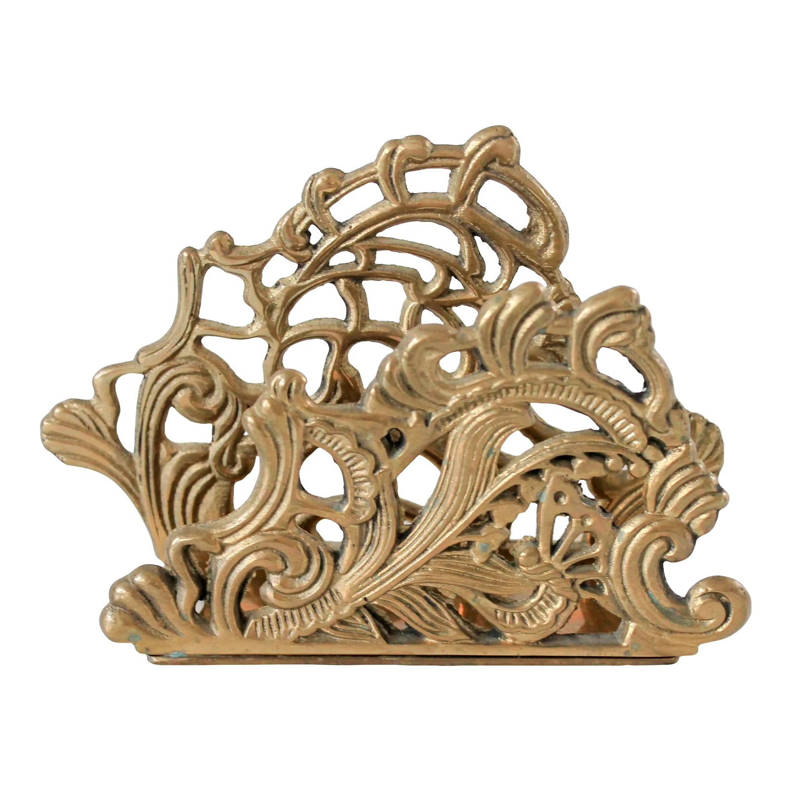 Vintage Brass Napkin or Letter Holder: Ornate vintage brass letter or napkin holder. Marked "Telefora" Taiwan, V.C.. Dated 1983. Minor age wear. Patina. Condition: Alterations: Original Condition Unaltered Imperfections: Some Imperfections