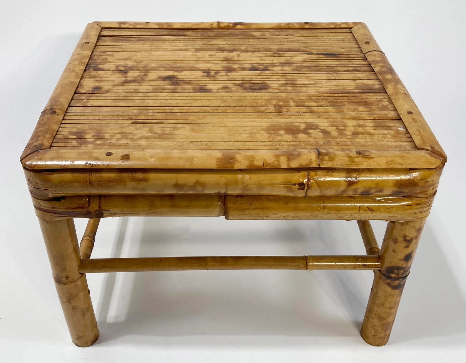 Large Vintage Burnt Tortoise Shell Bamboo Low Stool Drink Table Plant Stand - 3