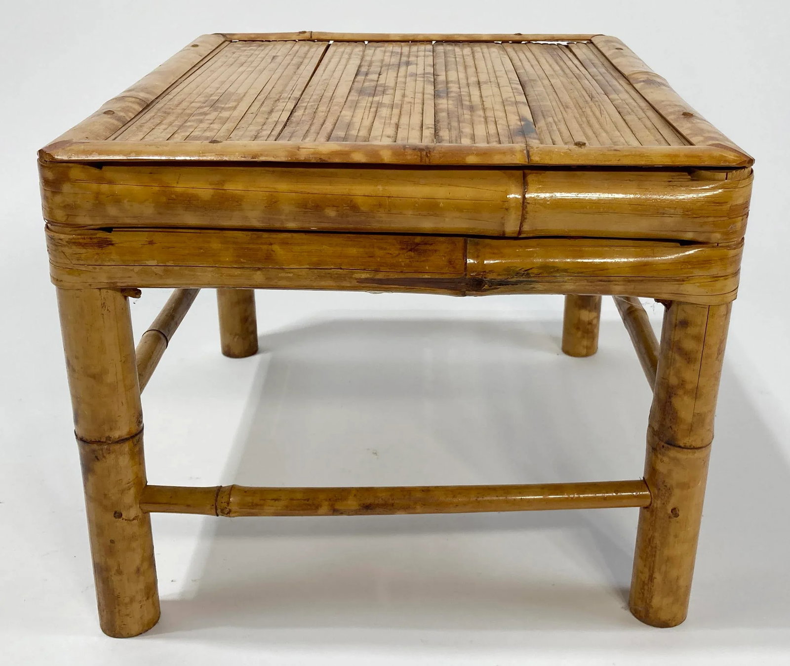 Large Vintage Burnt Tortoise Shell Bamboo Low Stool Drink Table Plant Stand - 7