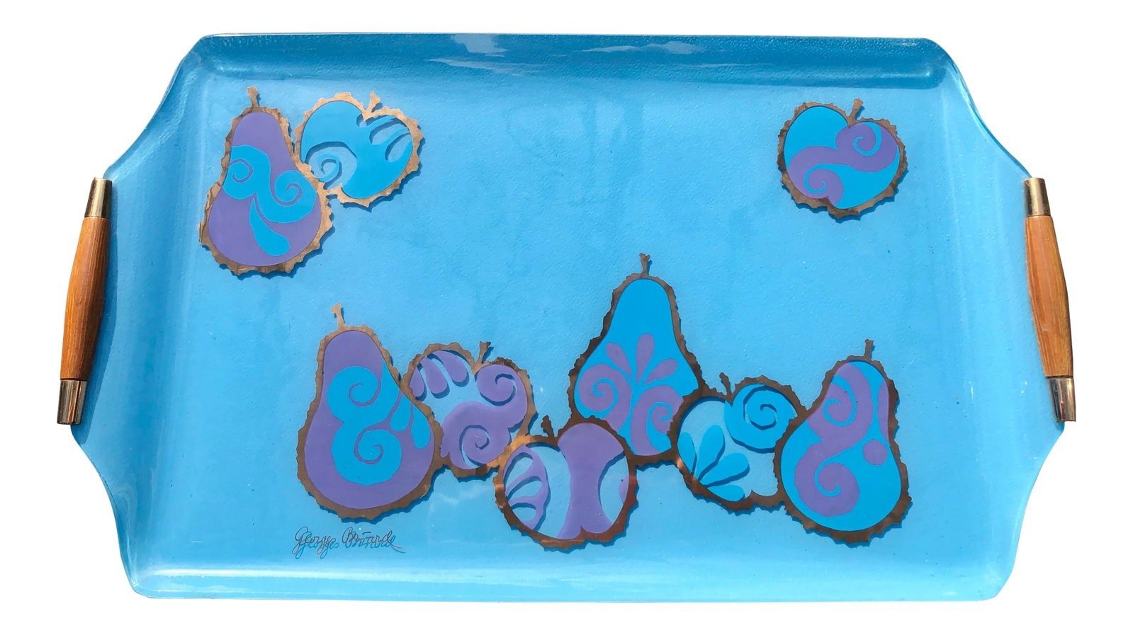 Georges Briard Mid-Century Modern Turquoise Gilt Glass Cocktail Tray: This large retro glass tray packs the punch with happy color! Features some groovy pears and apples in purple and turquoise with thick gold accents. Features teak wood and brass handles. A very rare a