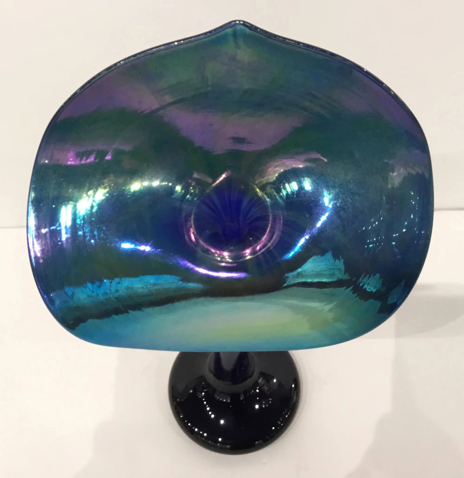 Hand Blown Iridescent Art Glass Blue Jack-In-The-Pulpit Signed Vase - 2