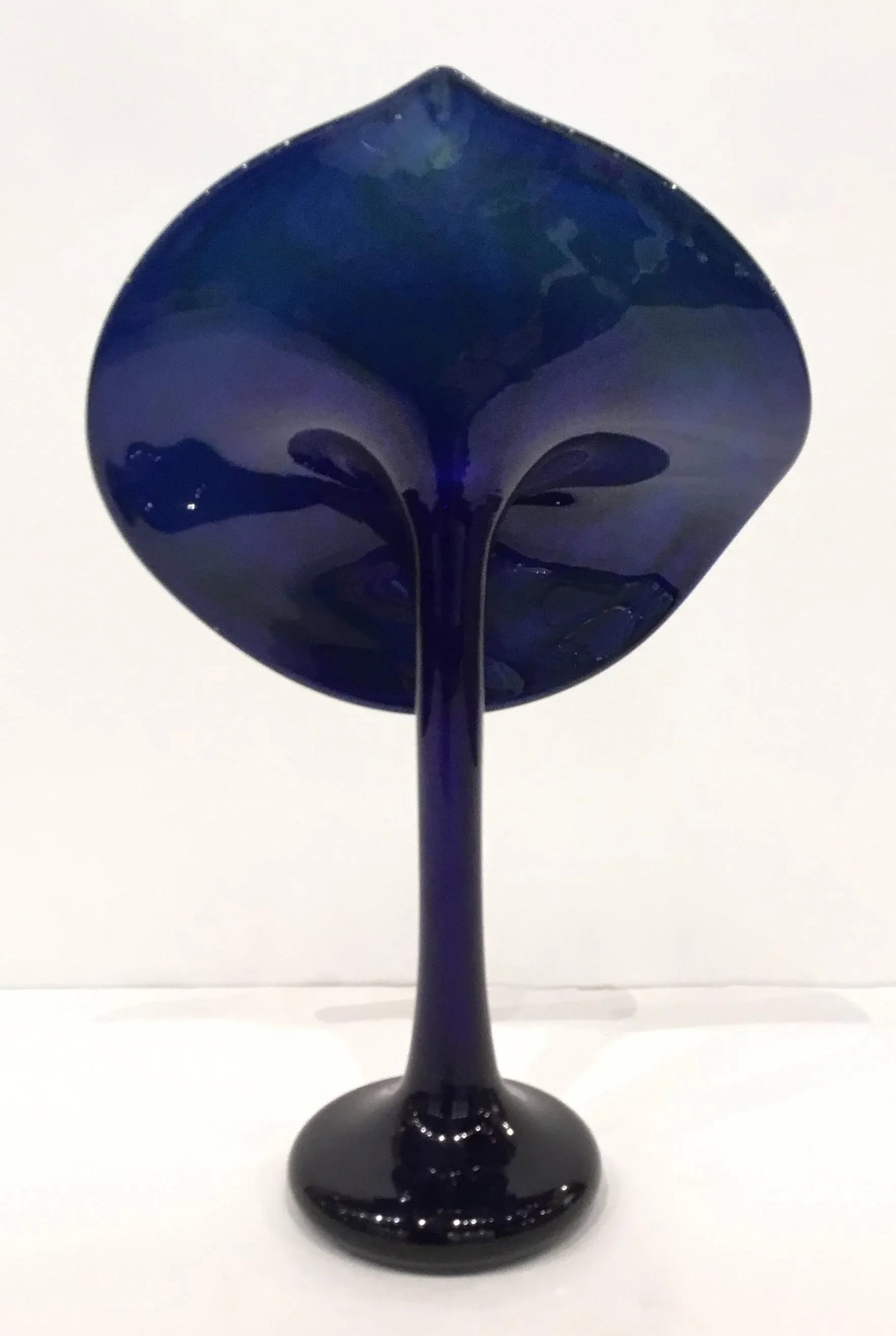 Hand Blown Iridescent Art Glass Blue Jack-In-The-Pulpit Signed Vase - 4