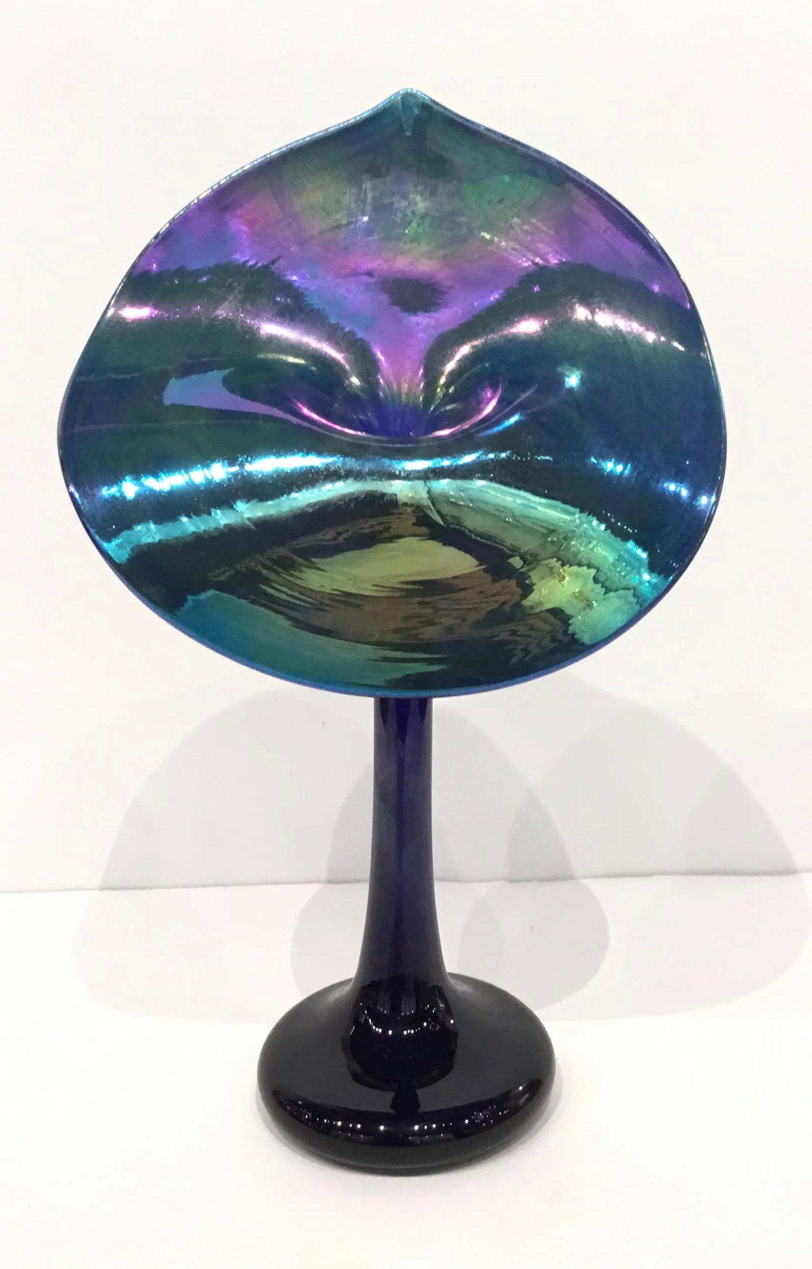 Hand Blown Iridescent Art Glass Blue Jack-In-The-Pulpit Signed Vase - 7