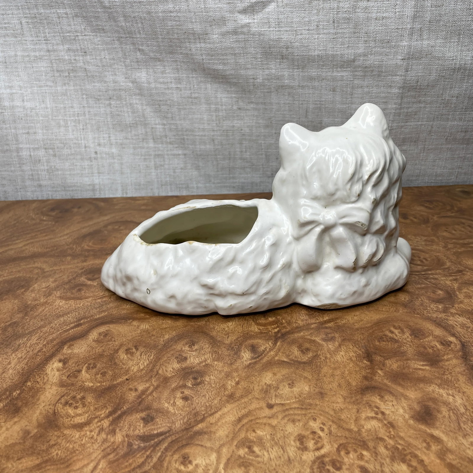 Mid Century Ceramic White Cat Planter - 5