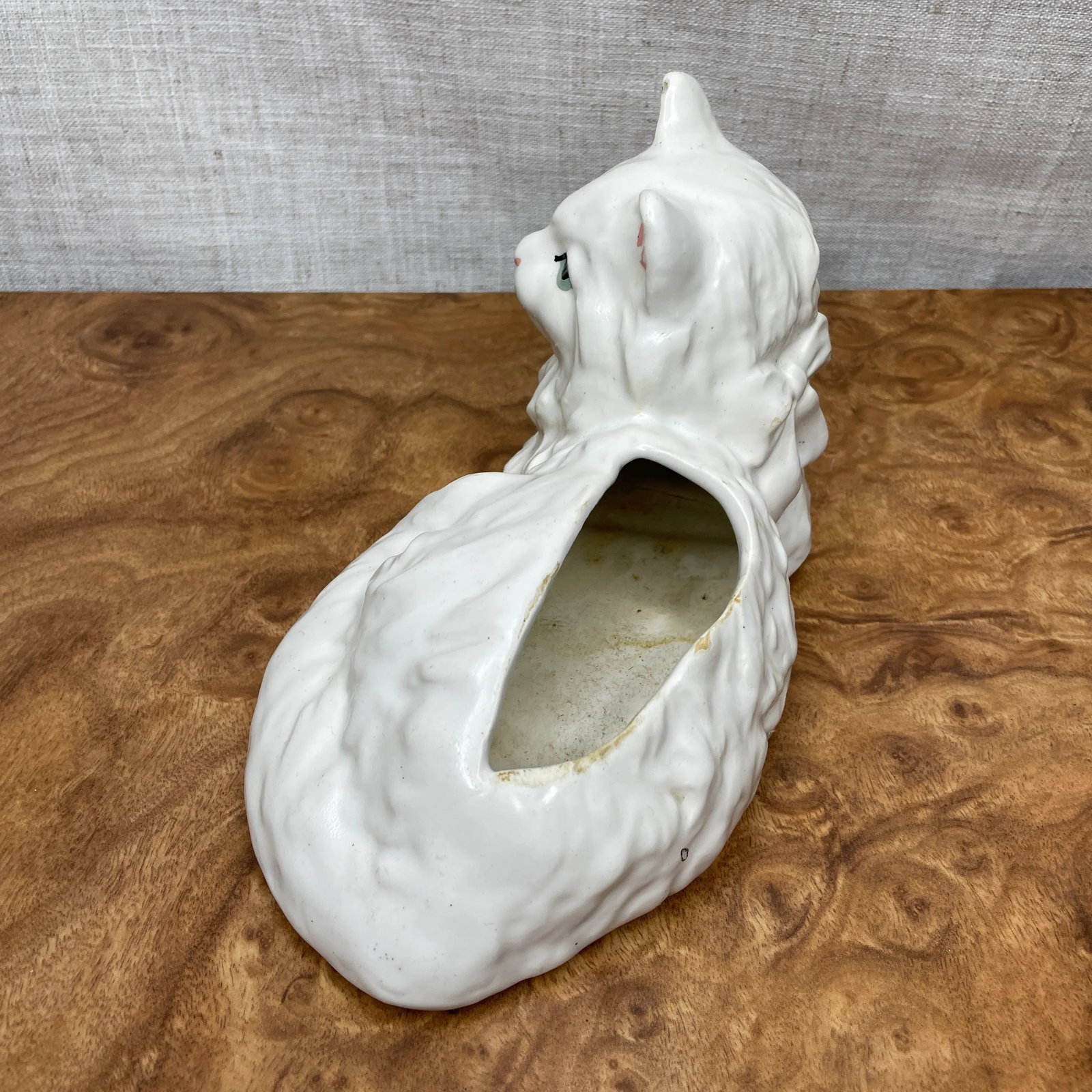 Mid Century Ceramic White Cat Planter - 7