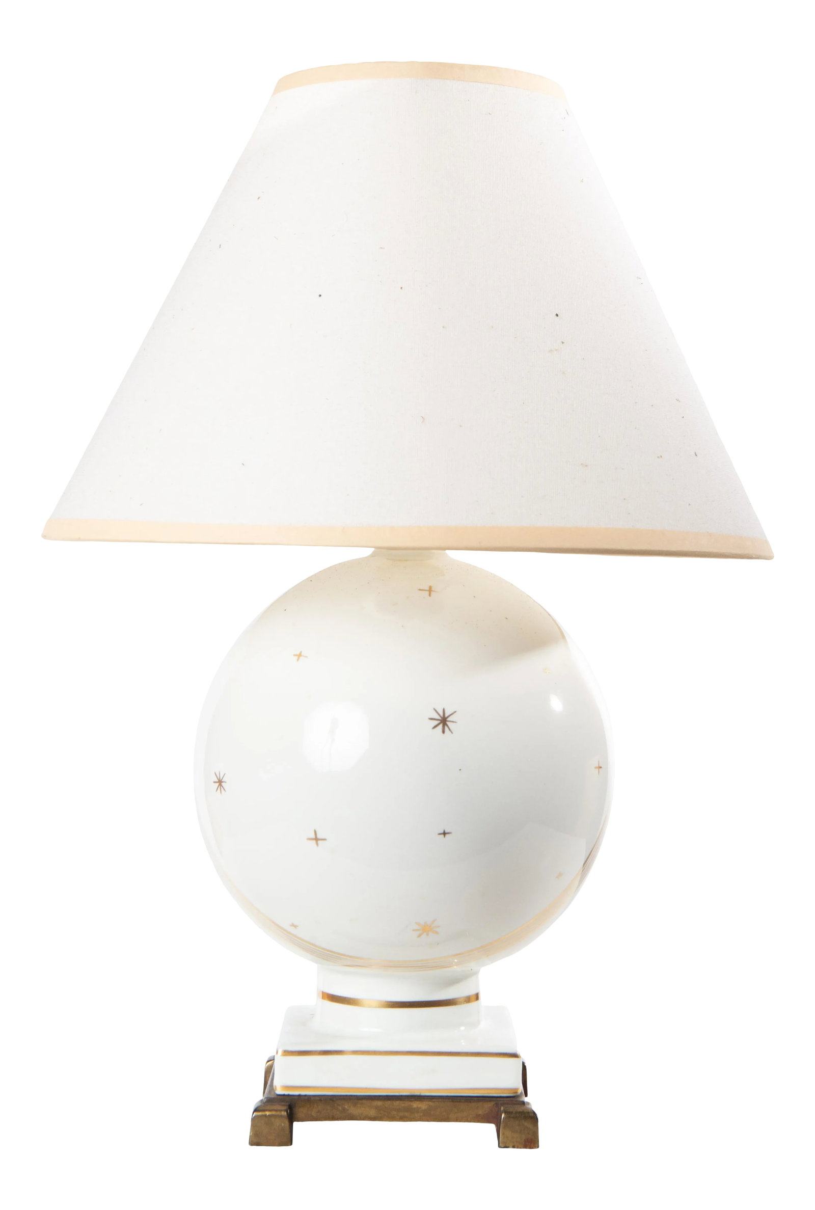 1940s White Globe Lamp With Gold Stars & Milky Way With Shade: Small European white ceramic table lamp with celestial stars. Shade is included. 10.5" to top of socket. 6" diameter shade. Condition: Alterations: Restored Imperfections: Some Imperfections Condition