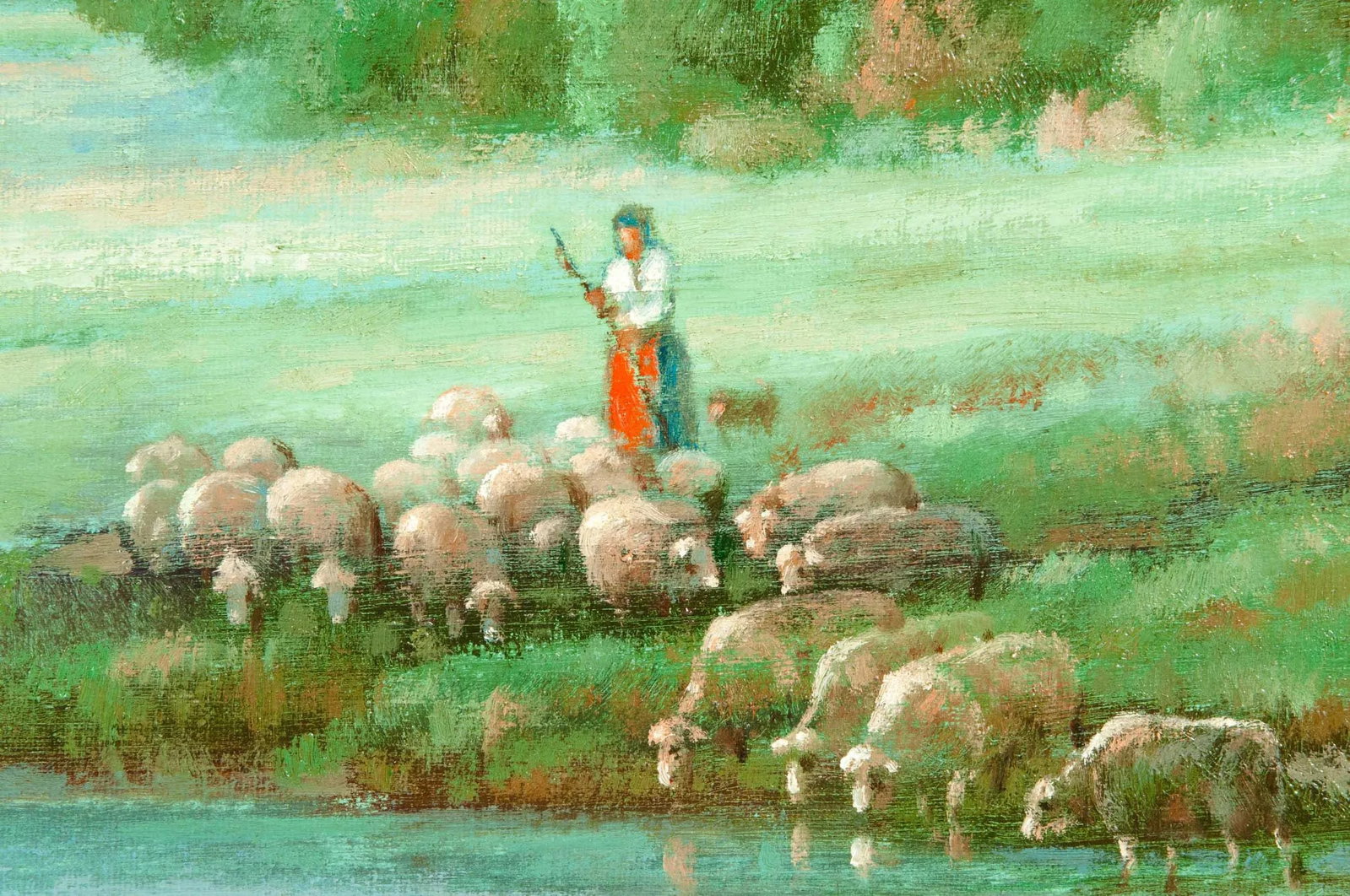 Large "Green Meadow" Giltwood Framed Oil / Canvas Painting - 3