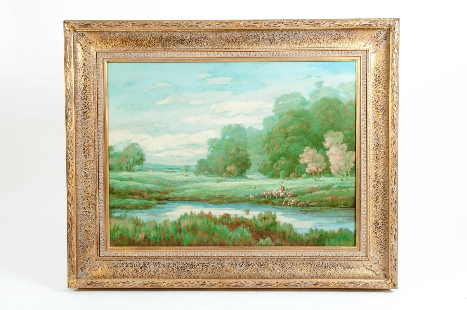 Large "Green Meadow" Giltwood Framed Oil / Canvas Painting - 7