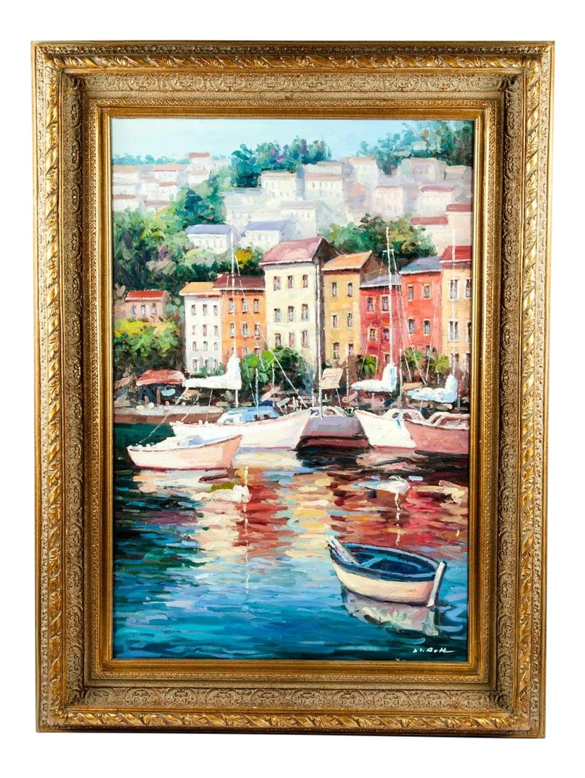 Gilded Wood Frame Oil Painting on Canvas: Gilded wood framed hanging wall decorative oil on canvas painting. The wood framed is about 45 inches long x 34 inches width. The oil on canvas painting is about 36 inches long x 24 inches width.