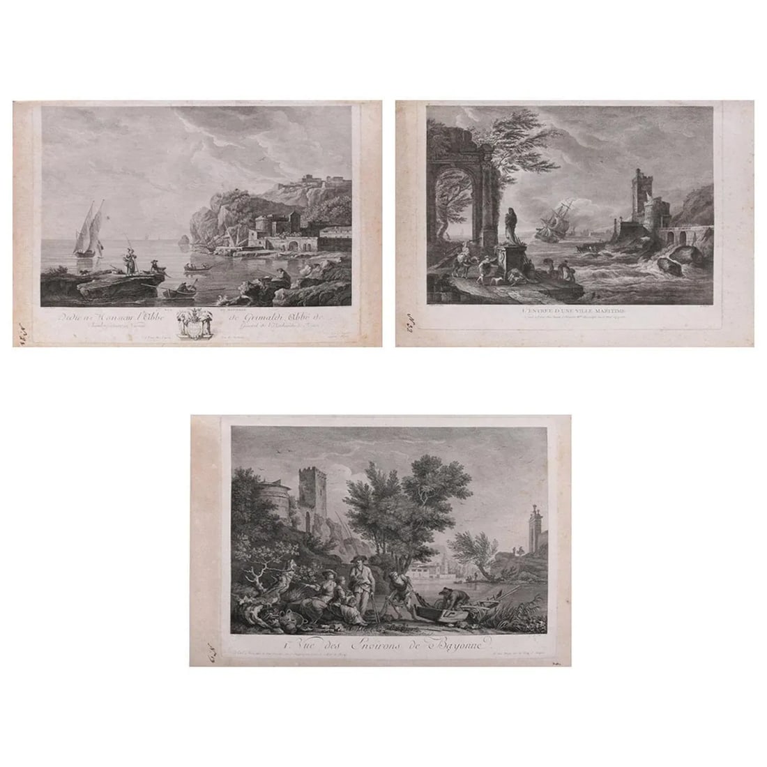 French Empire Maritime Etchings of Ships and Workers in Village Harbour - Set of 3 - 13