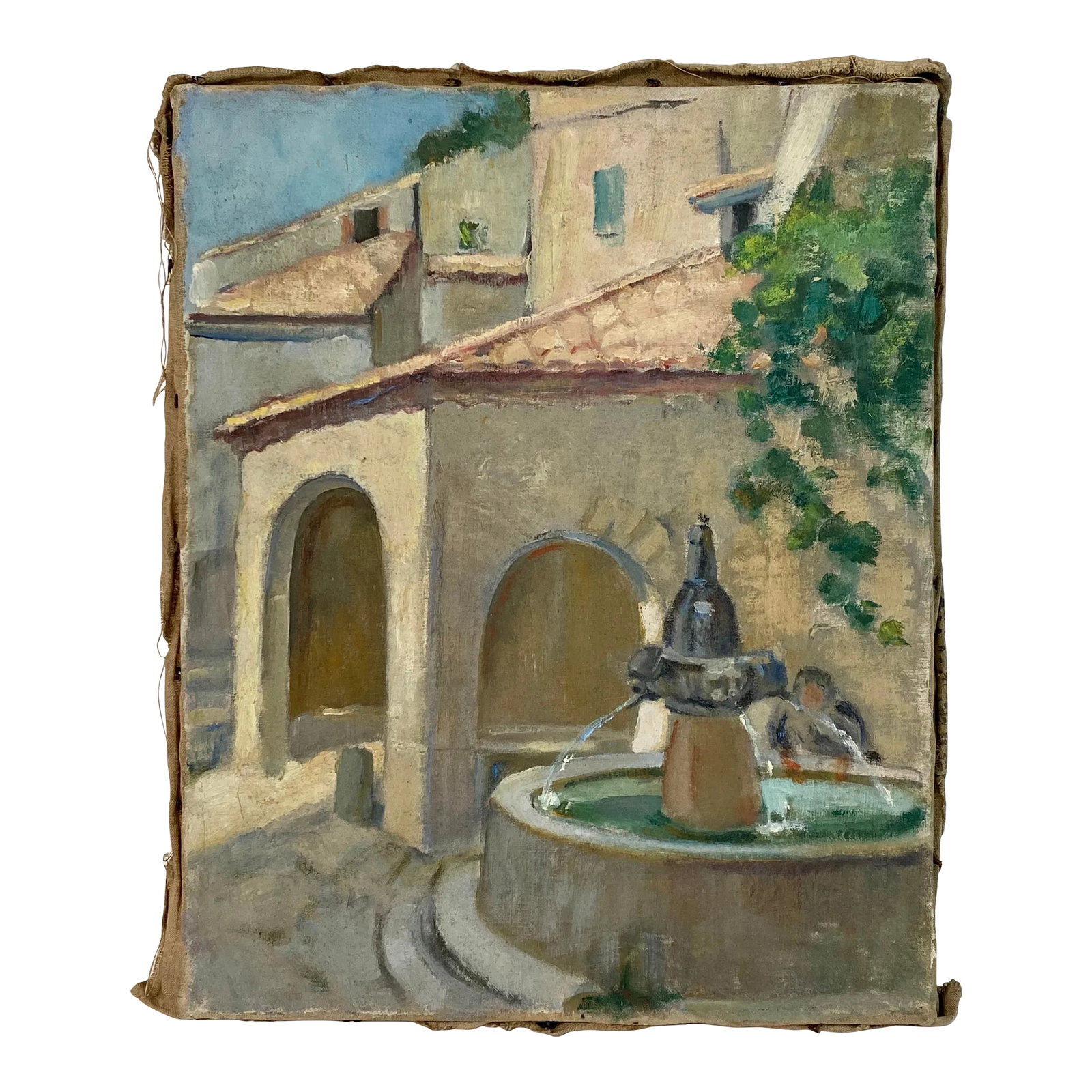1900s French Landscape Oil on Canvas Painting: Charming French oil on canvas featuring a fountain in a town setting. A piece of original art that has survived over 100 years with no doubt a story to tell. Like so many others, I purchased this