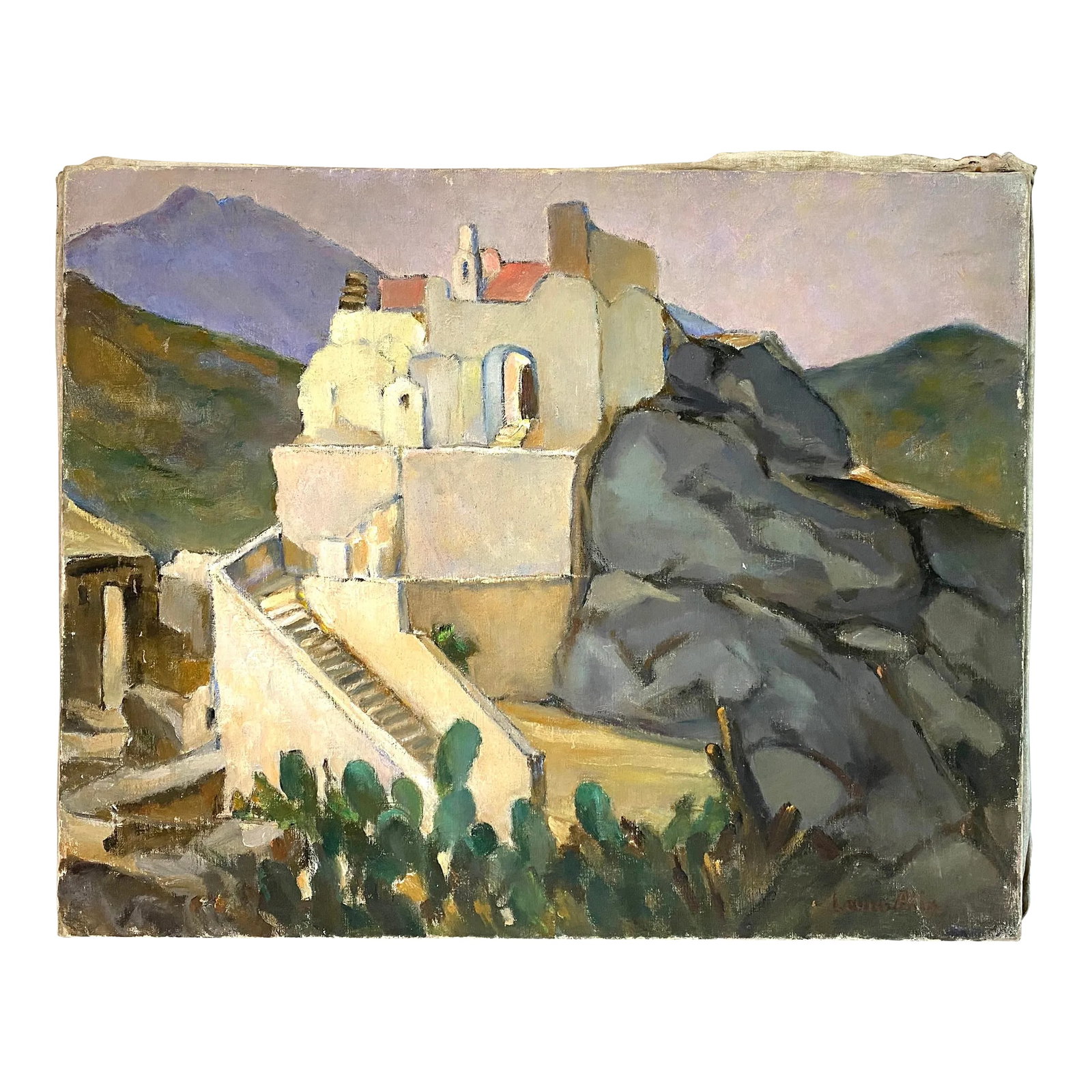 1967 French Corsica Oil Painting: Another original oil on canvas painting from this French artist exhibited in 1967 featuring the French island of Corsica. On the large size and reminiscent of the Cezanne style with beautiful colors