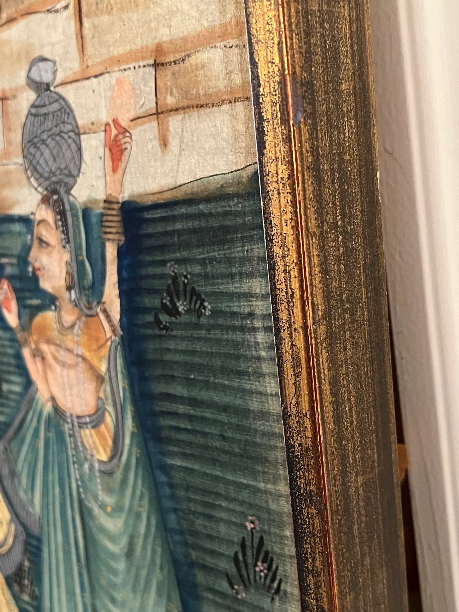 1970s Vintage Large Indian Hindu Lord Krishna With Village Ladies Cloth Painting Gold Gilt Frame - 10