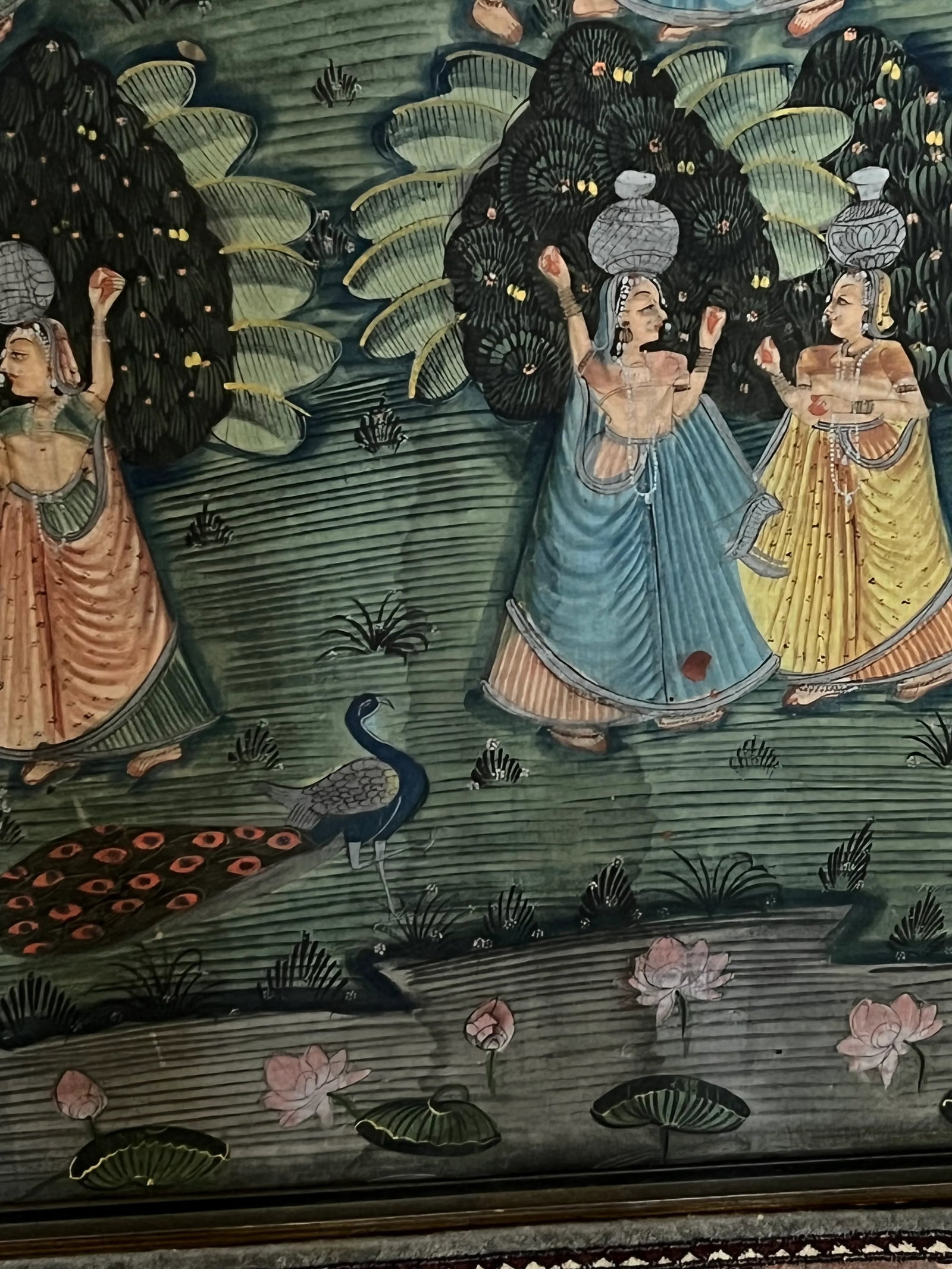 1970s Vintage Large Indian Hindu Lord Krishna With Village Ladies Cloth Painting Gold Gilt Frame - 11