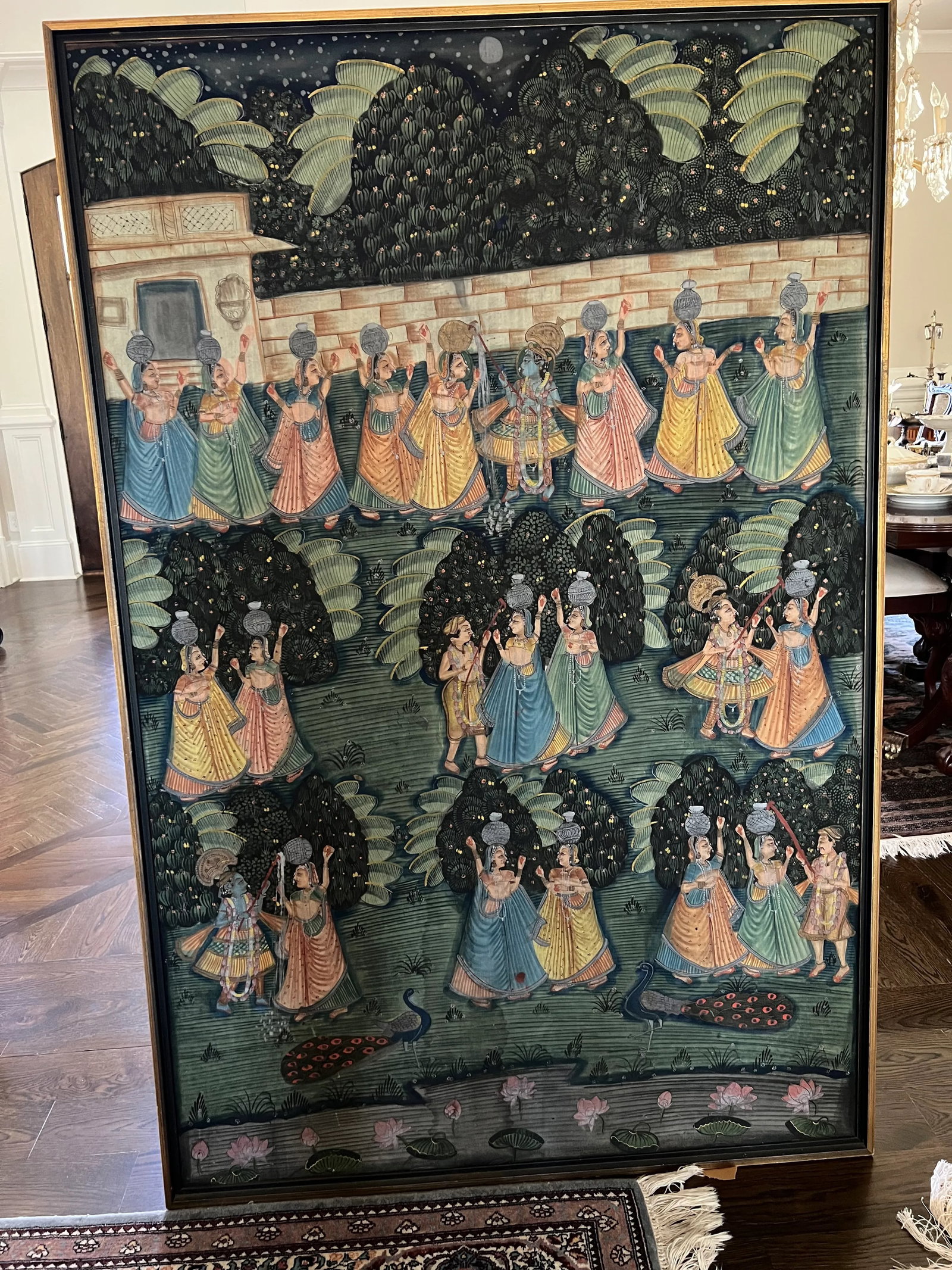 1970s Vintage Large Indian Hindu Lord Krishna With Village Ladies Cloth Painting Gold Gilt Frame - 12
