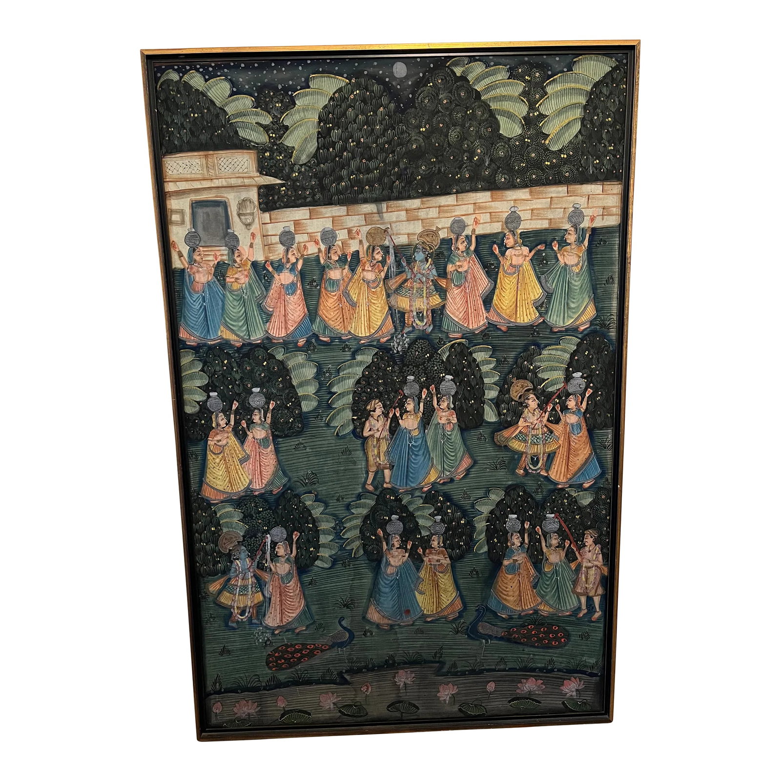 1970s Vintage Large Indian Hindu Lord Krishna With Village Ladies Cloth Painting Gold Gilt Frame: Beautiful large painting on cloth. Wonderful composition and beautiful colors. Gold gilt frame. There is a water mark/ stain. Despite this, it's magnificent with its composition, details and colors!